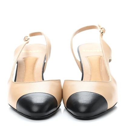 Chanel Lambskin Pearl Cap Toe CC Slingback Pumps 38 Beige Black 2 of 4