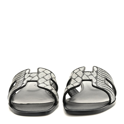 Hermes Calfskin Embroidered Oran Sandals 37.5 Black Gris Argente 2 of 9