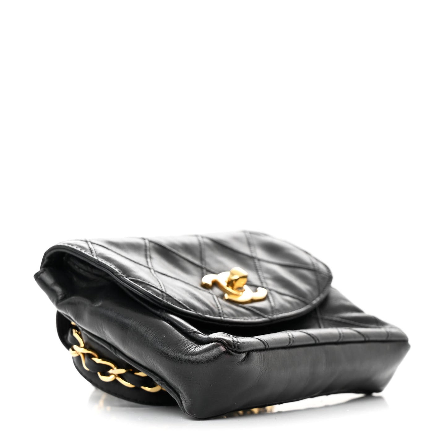 Calfskin Quilted Flap Waist Belt Bag Black