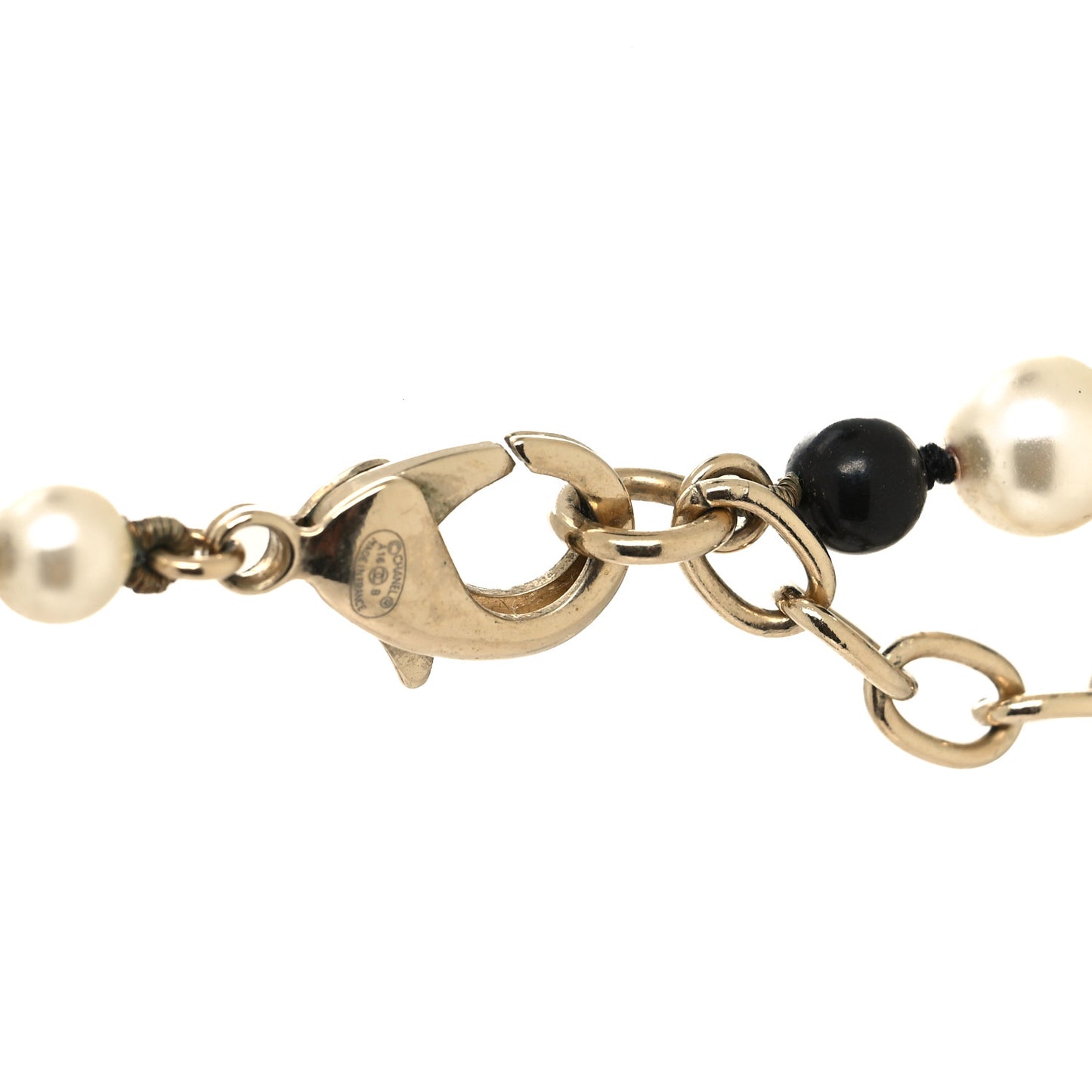 Metal Pearl Beaded Textured CC Long Necklace Gold Black Gold Black White