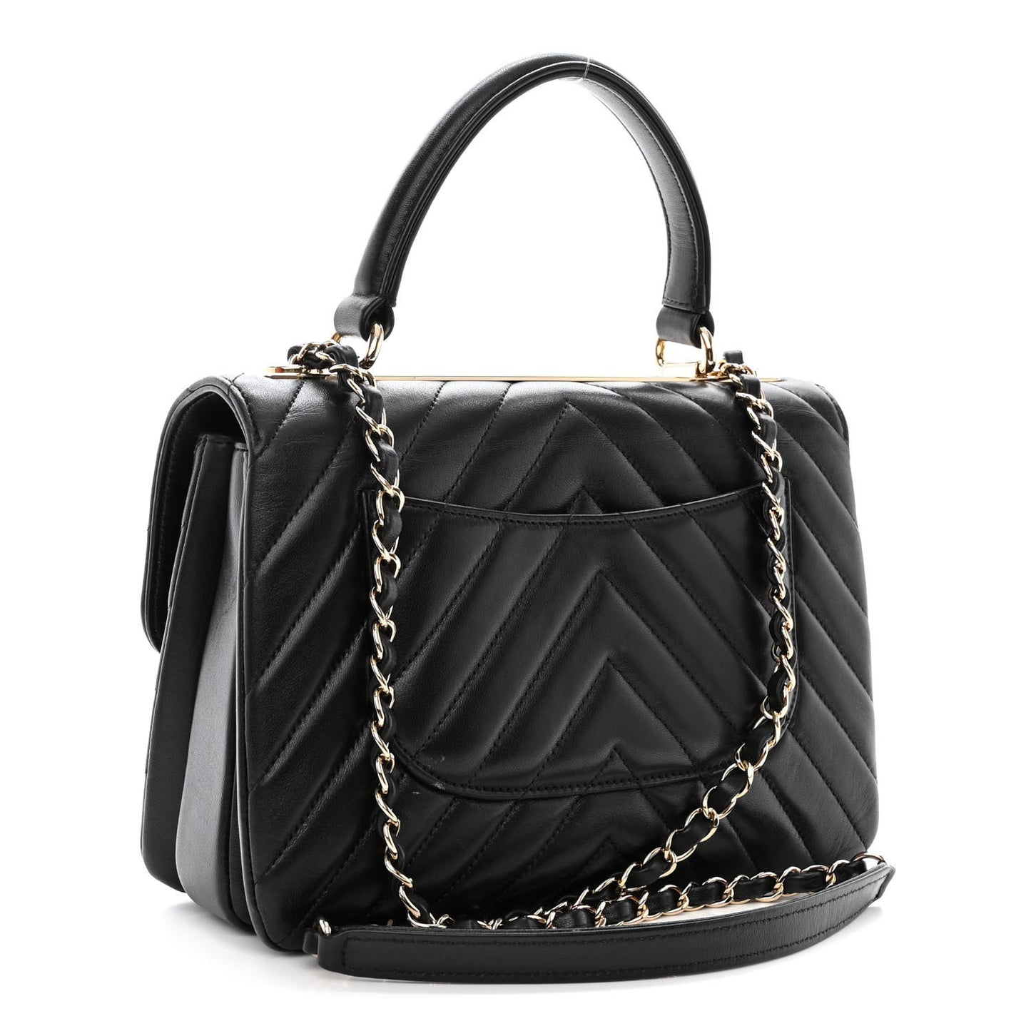 Lambskin Chevron Quilted Small Trendy CC Dual Handle Flap Bag Black