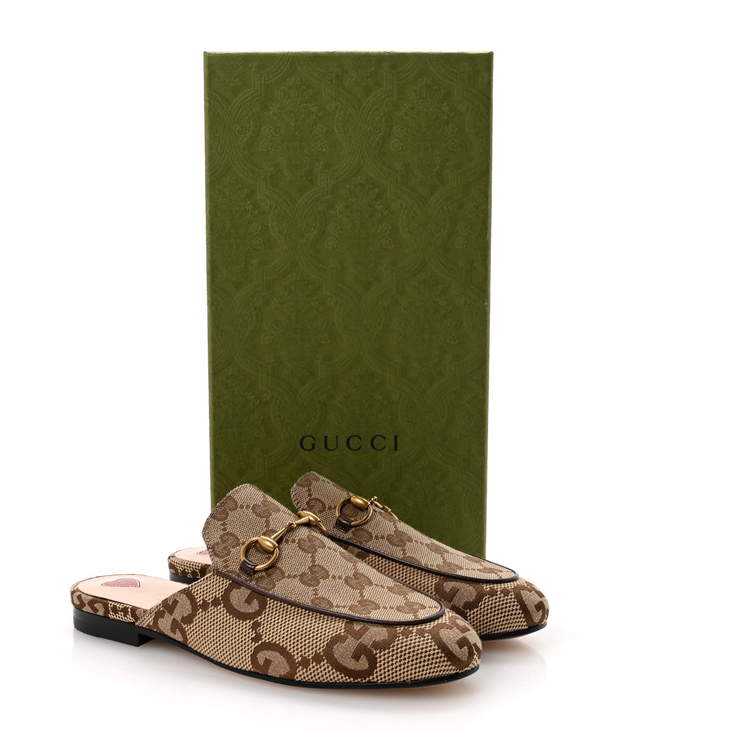 Gucci Monogram Jumbo GG Malaga Kid Womens Princetown Slippers 35.5 Camel Ebony New Acero Beige 10 of 10