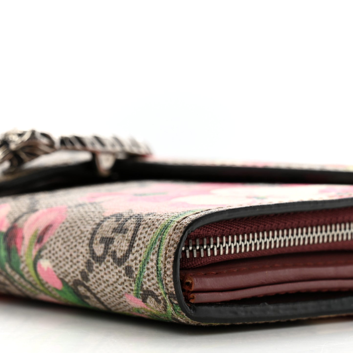 GG Supreme Monogram Blooms Dionysus Chain Clutch Wallet Beige Multicolor Dry Rose