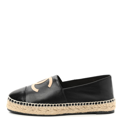 Chanel Lambskin Shiny Calfskin CC Espadrilles 35 Black Beige 1 of 9