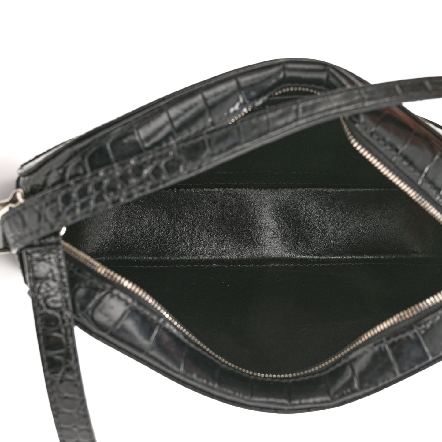 Shiny Calfskin Logo Crocodile Embossed S Everyday Camera Bag with Handle Black
