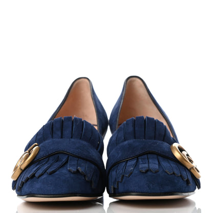 Gucci Kid Scamosciato GG Marmont Fringe 50mm Loafer Pumps 35 Blue Ink 2 of 8