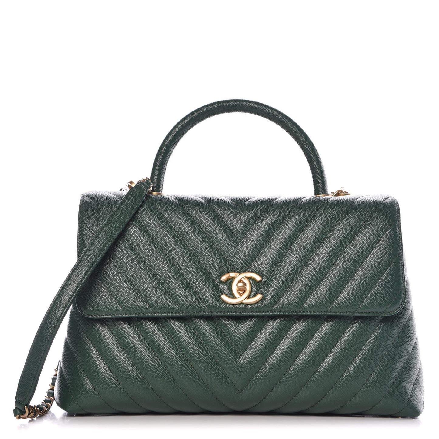 Caviar Chevron Quilted Medium Coco Handle Flap Green