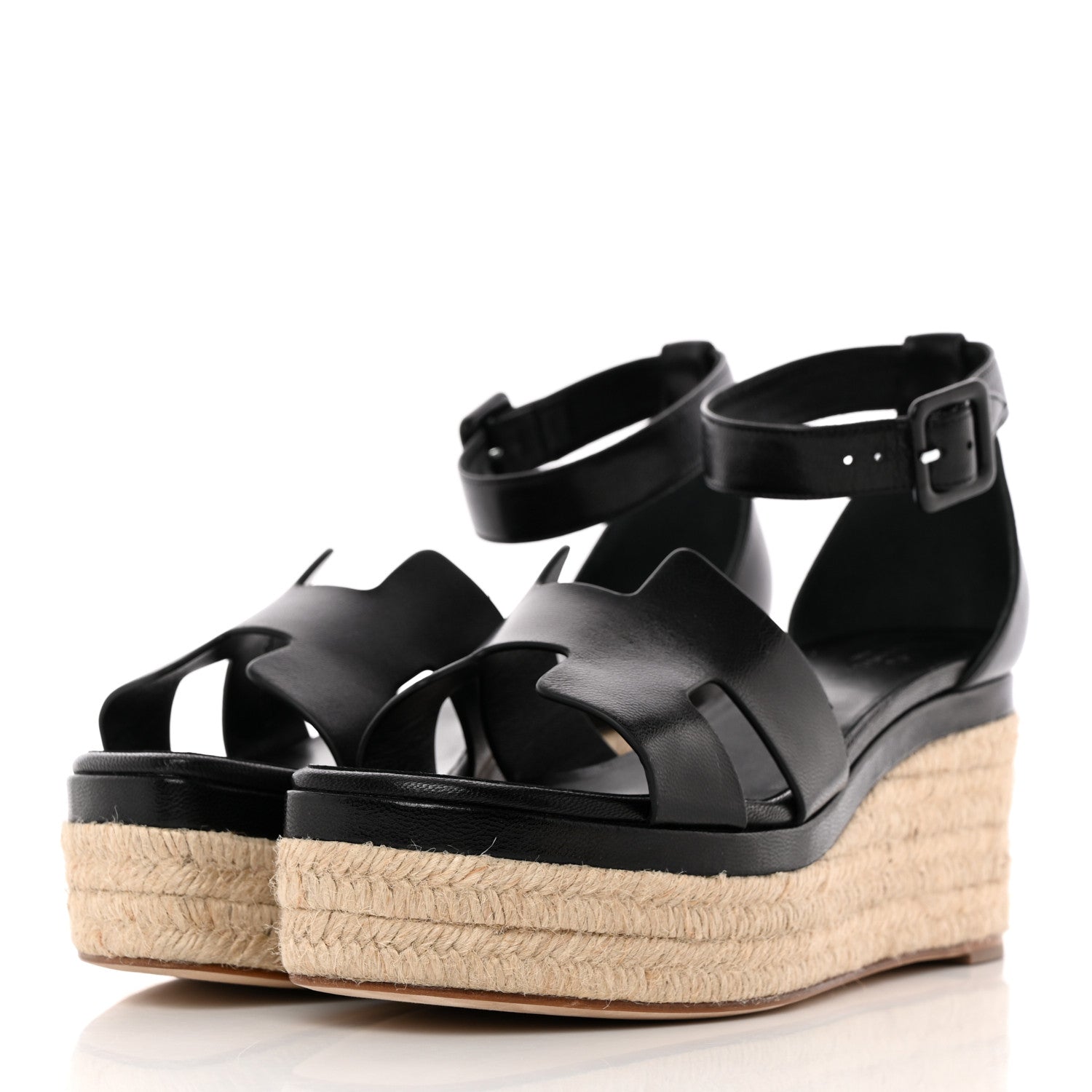 Hermes Goatskin Elda Espadrille Wedge Sandals 39 Black 3 of 17