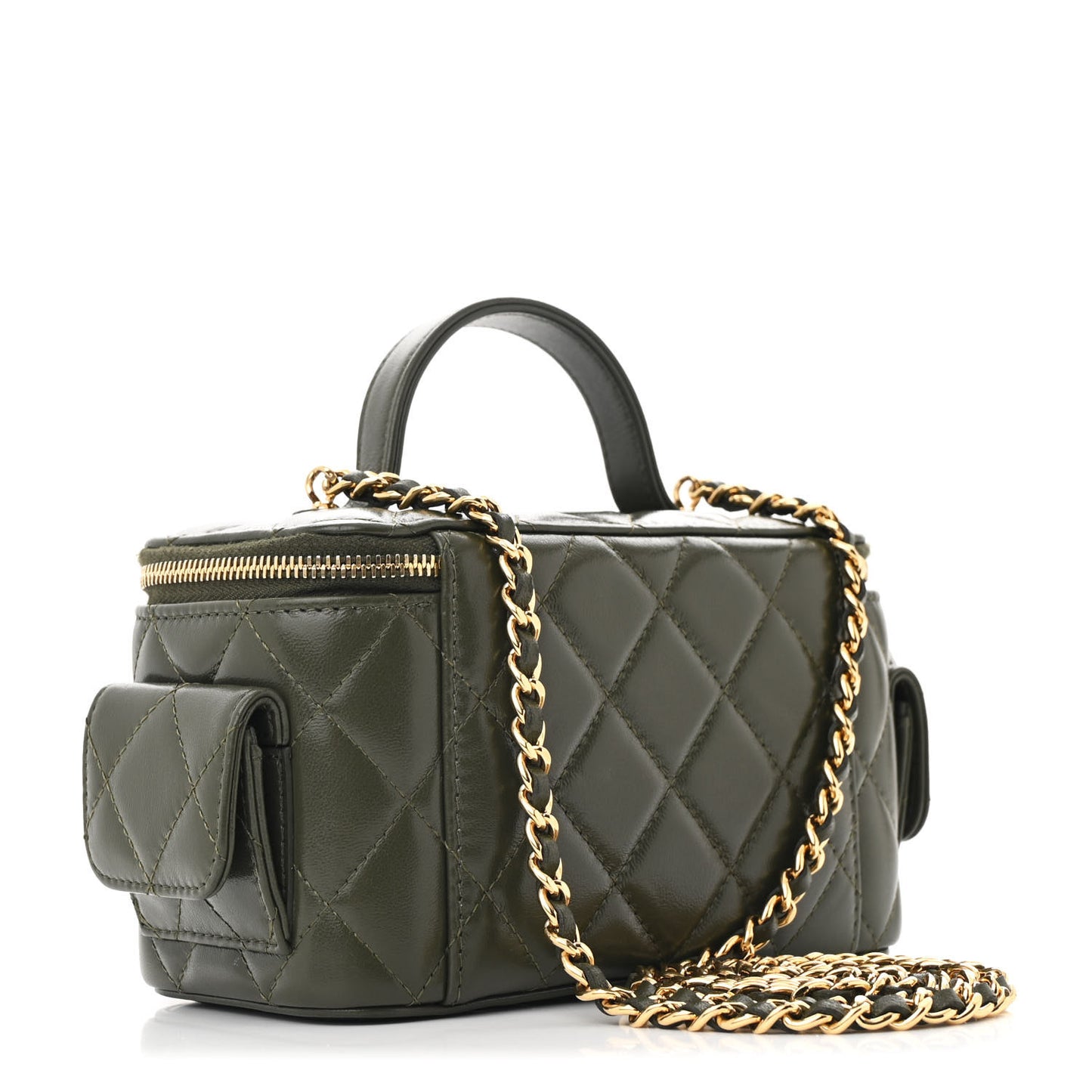 Lambskin Quilted Polly Pocket East West Top Vanity With Chain Khaki