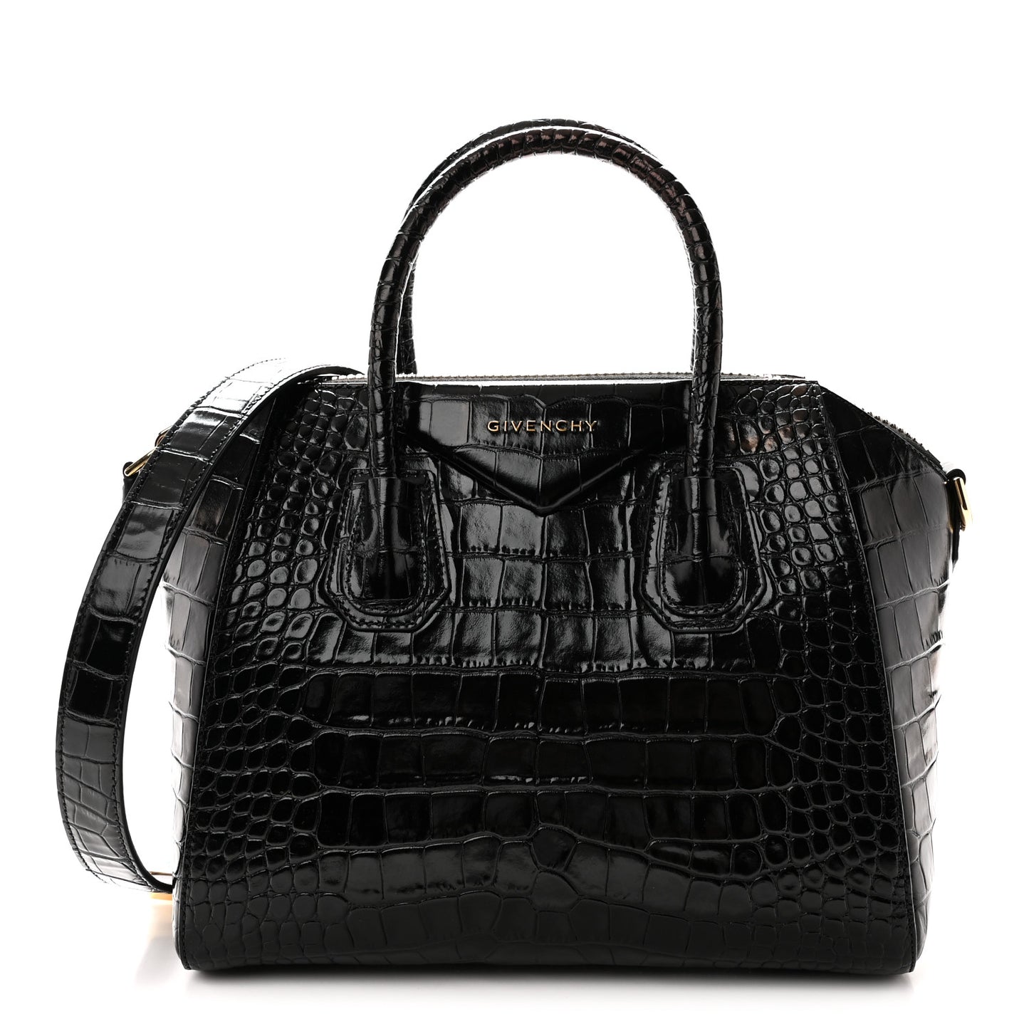 Calfskin Crocodile Embossed Small Antigona Black