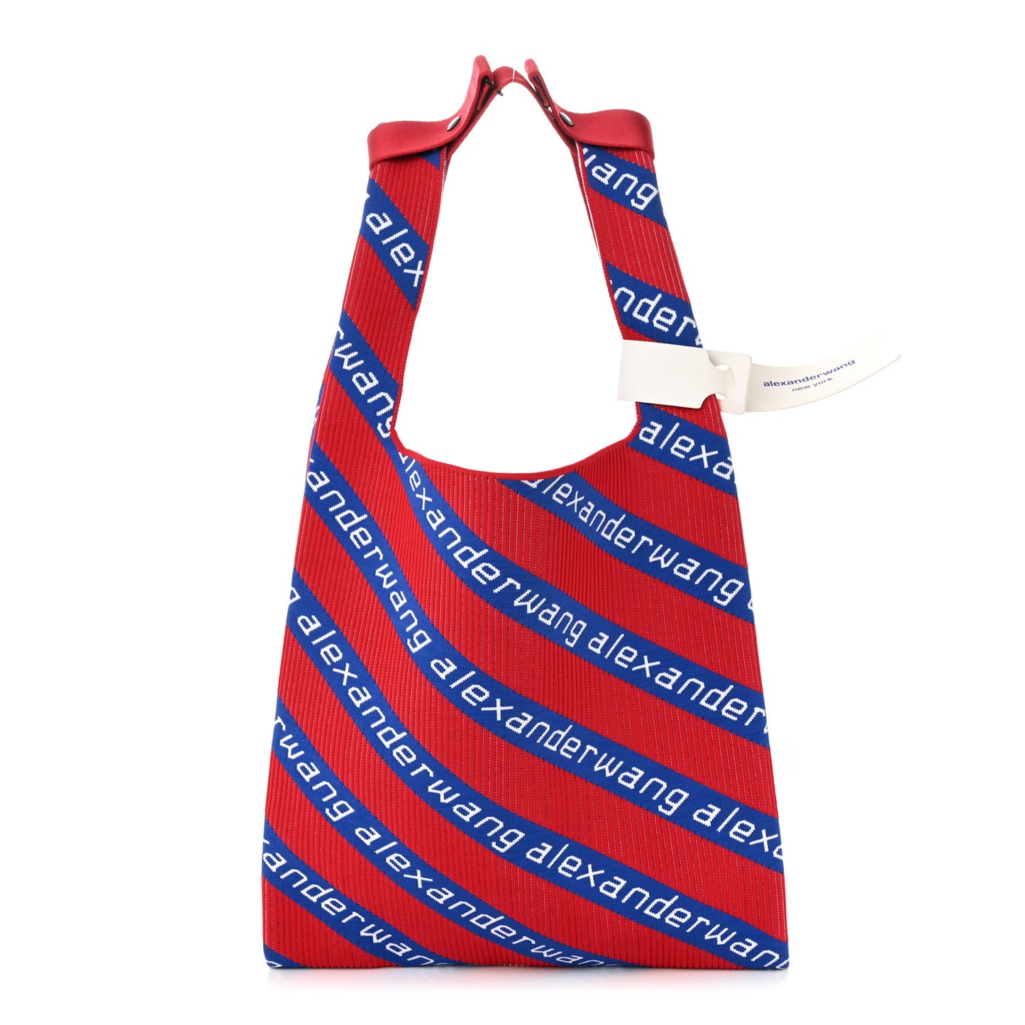 Knit Jacquard Diagonal Logo Shopper Tote Red Blue