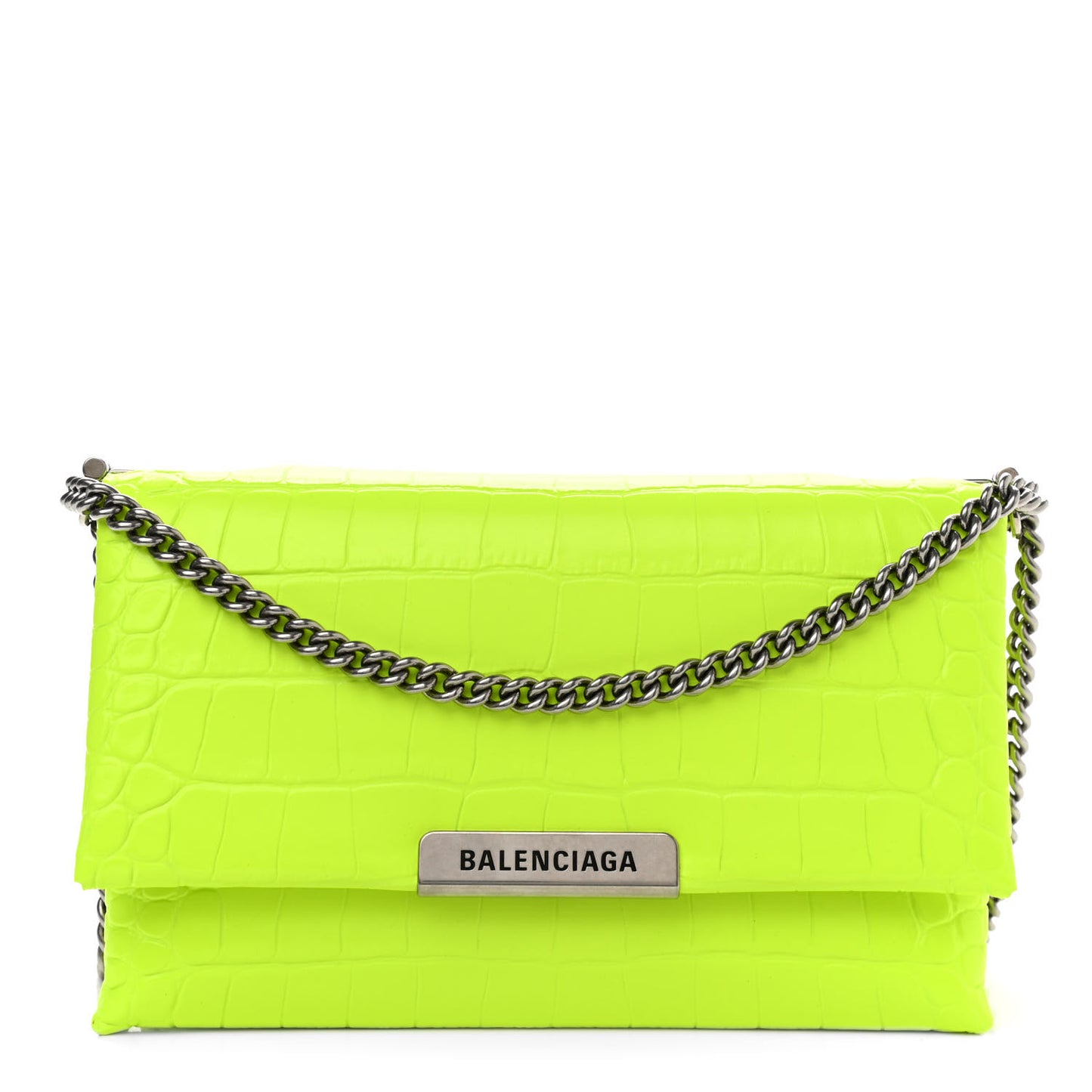 Shiny Extra Supple Calfskin Crocodile Embossed Small Triplet Bag Fluo Yellow