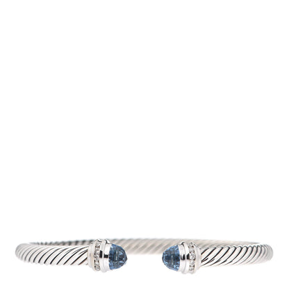David Yurman Sterling Silver 18K White Gold Diamond Blue Topaz 5mm Cable Classics Bracelet 1 of 5