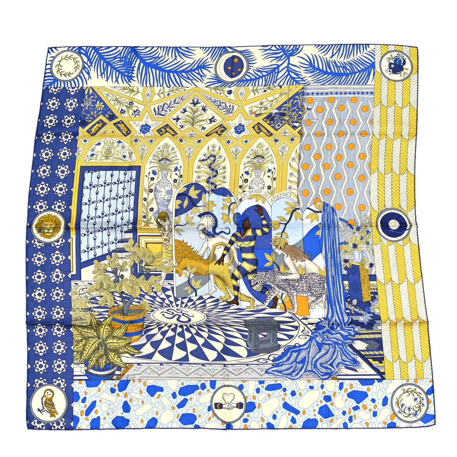 Hermes Silk La Danse Des Amazones Scarf 90 Bleu Roy Gold Creme 1 of 4