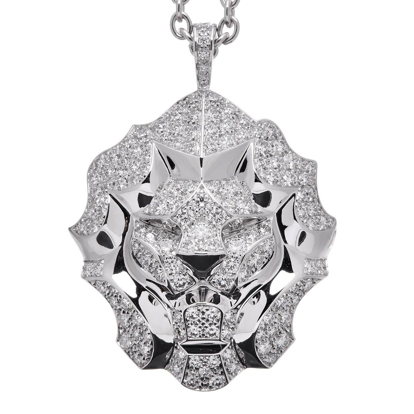 18K White Gold Diamond Sous Le Signe du Lion Pendant Necklace