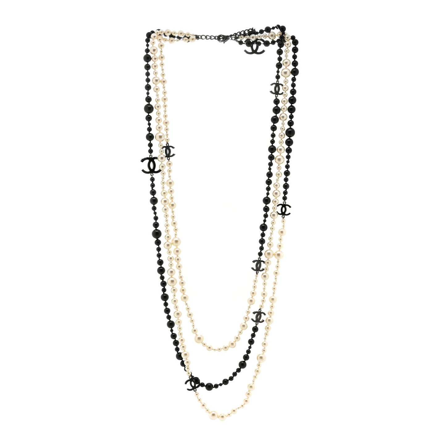 Pearl Bead CC Long Double Strand Necklace Black White