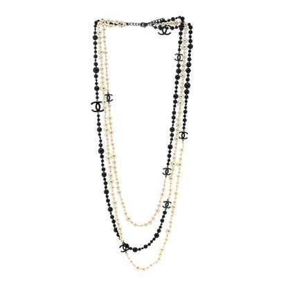 Chanel Pearl Bead CC Long Double Strand Necklace Black White 3 of 4
