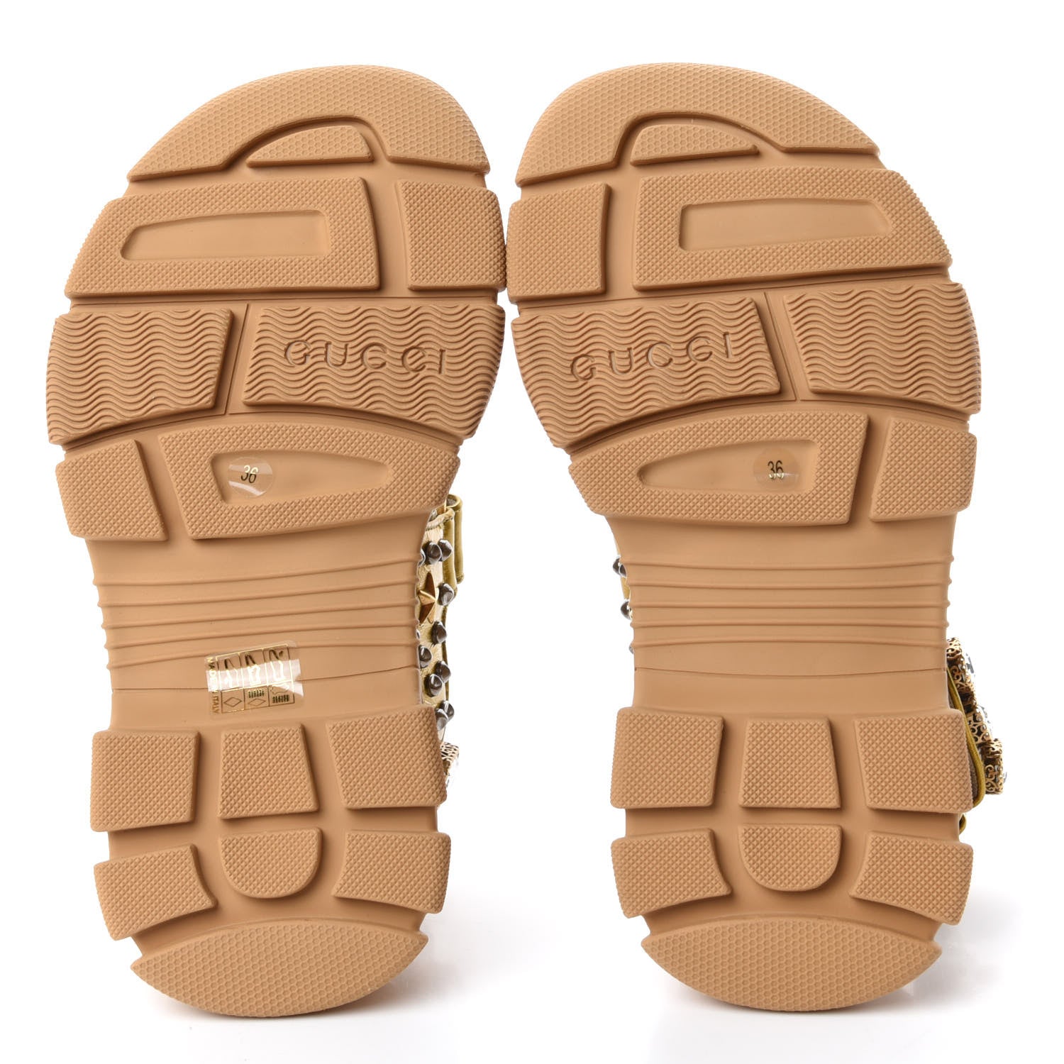 Gucci Silk Calfskin Mesh Crystal Embellished Studded Womens Aguru Sandals 36 Gold 6 of 10