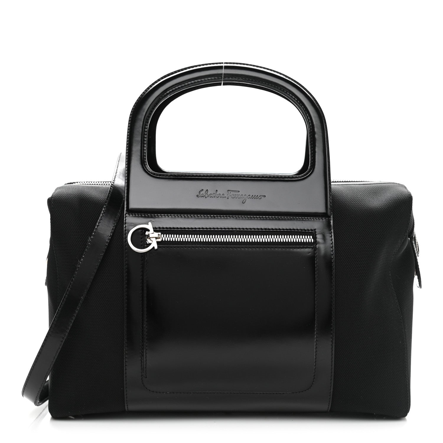 Salvatore Ferragamo Calfskin Canvas Top Handle Bag Black 1 of 10