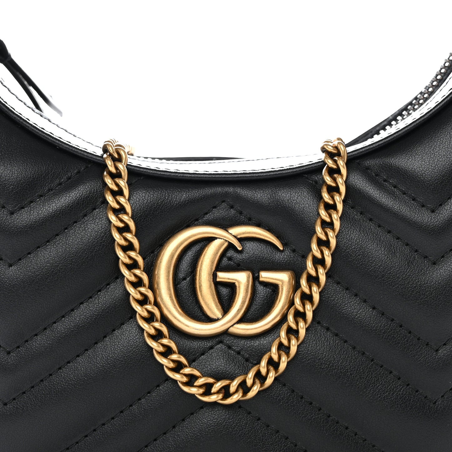 Calfskin Matelasse Chevron Mini GG Marmont Half Moon Hobo Black