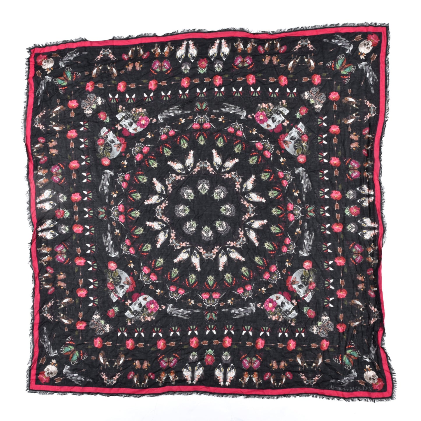 Silk Chiffon Skull Floral Scarf Black Red
