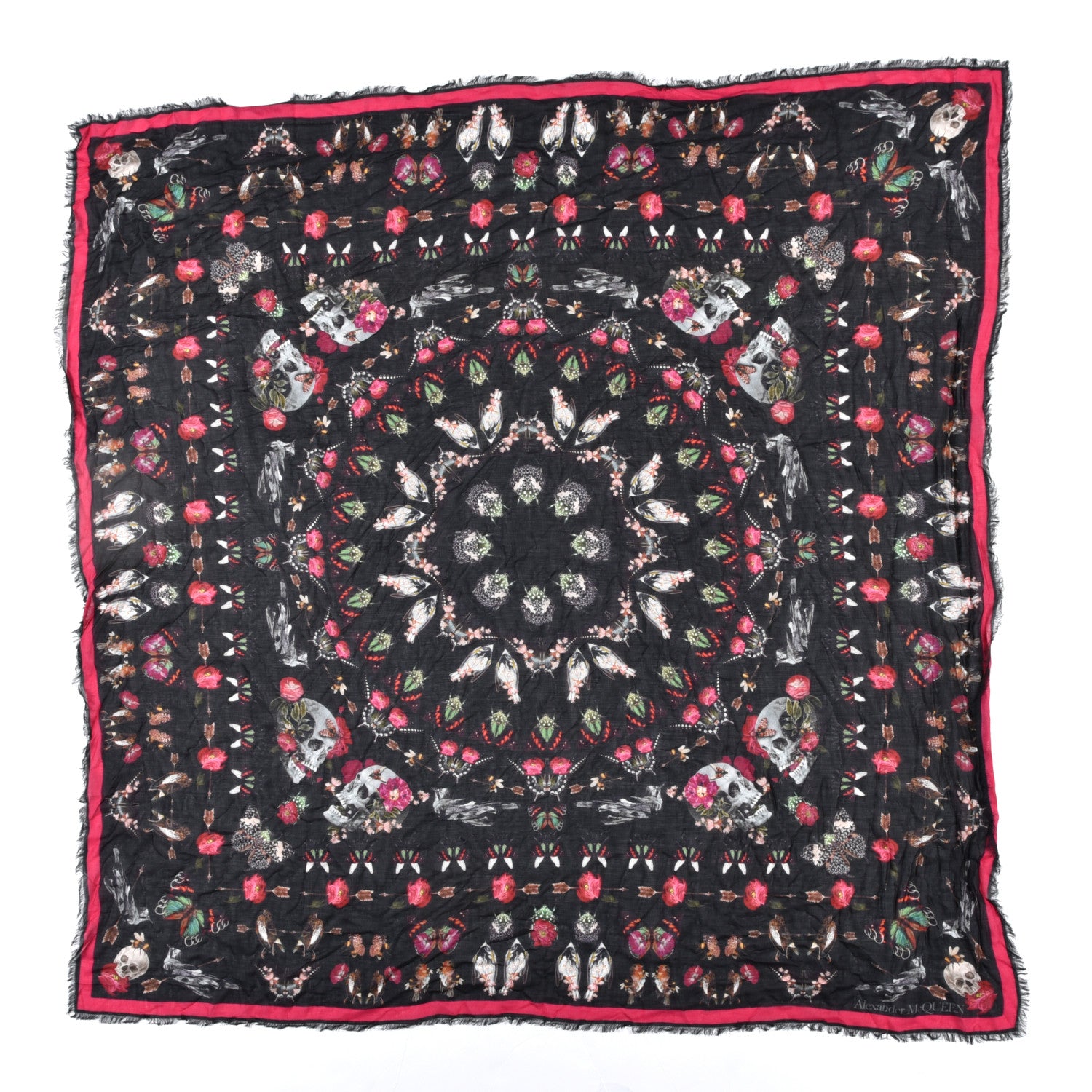 Alexander McQueen Silk Chiffon Skull Floral Scarf Black Red 1 of 3