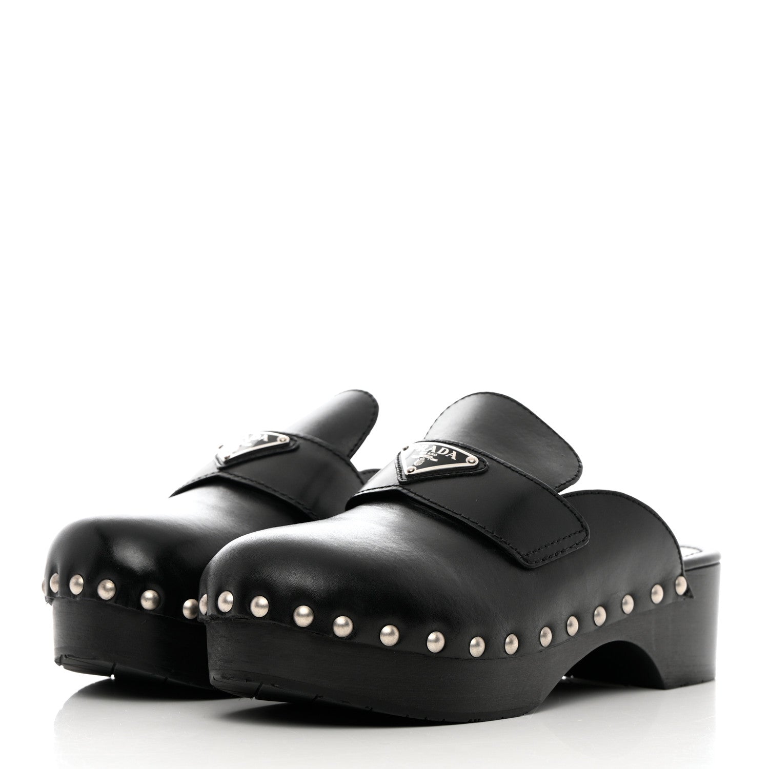 Prada Natural Calfskin Metal Triangle Logo 45mm Clogs 39 Black 3 of 11