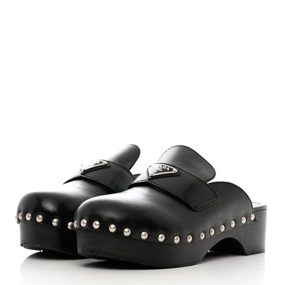 Prada Natural Calfskin Metal Triangle Logo 45mm Clogs 39 Black 3 of 11