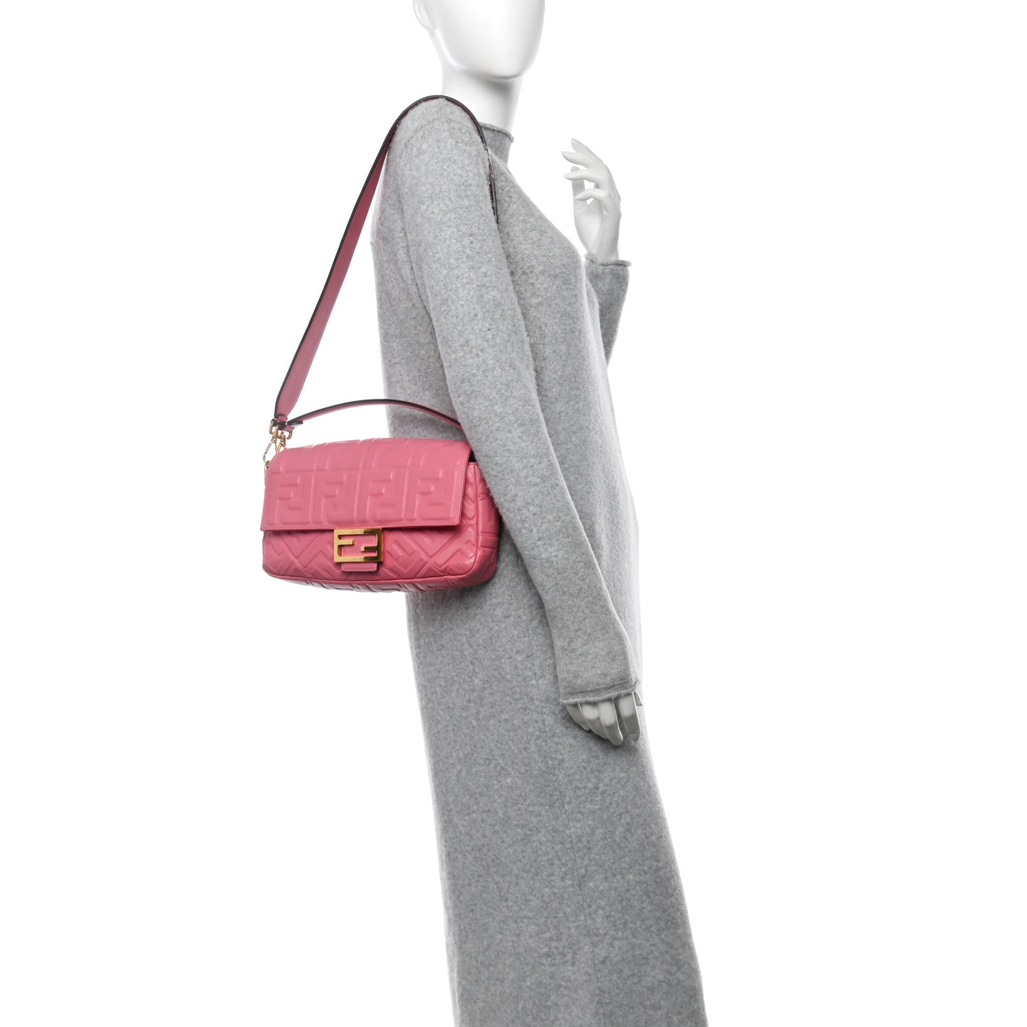 Fendi Nappa FF 1974 Embossed Baguette Rosa Fluo 2 of 12
