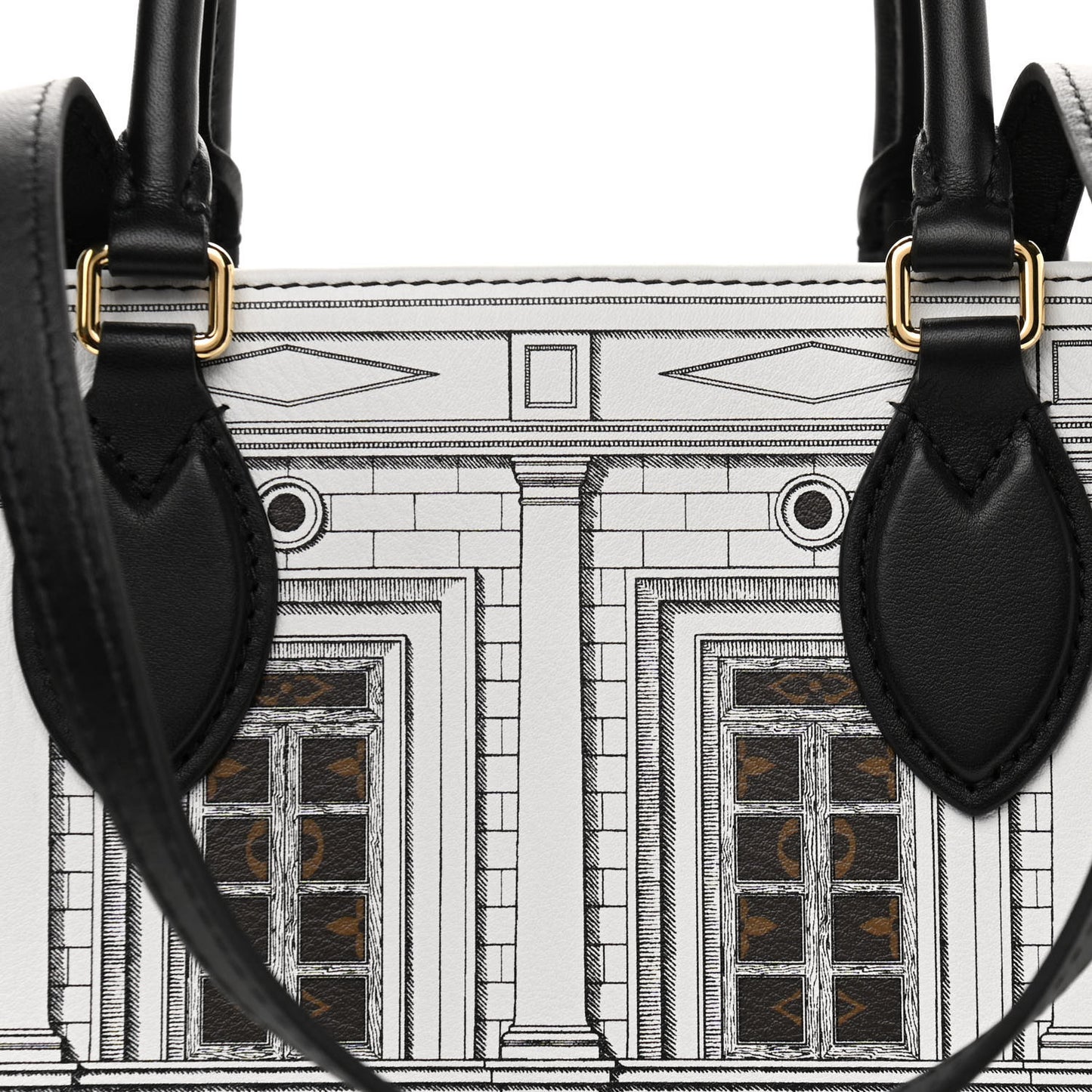 X FORNASETTI Calfskin Architettura Onthego MM Black White