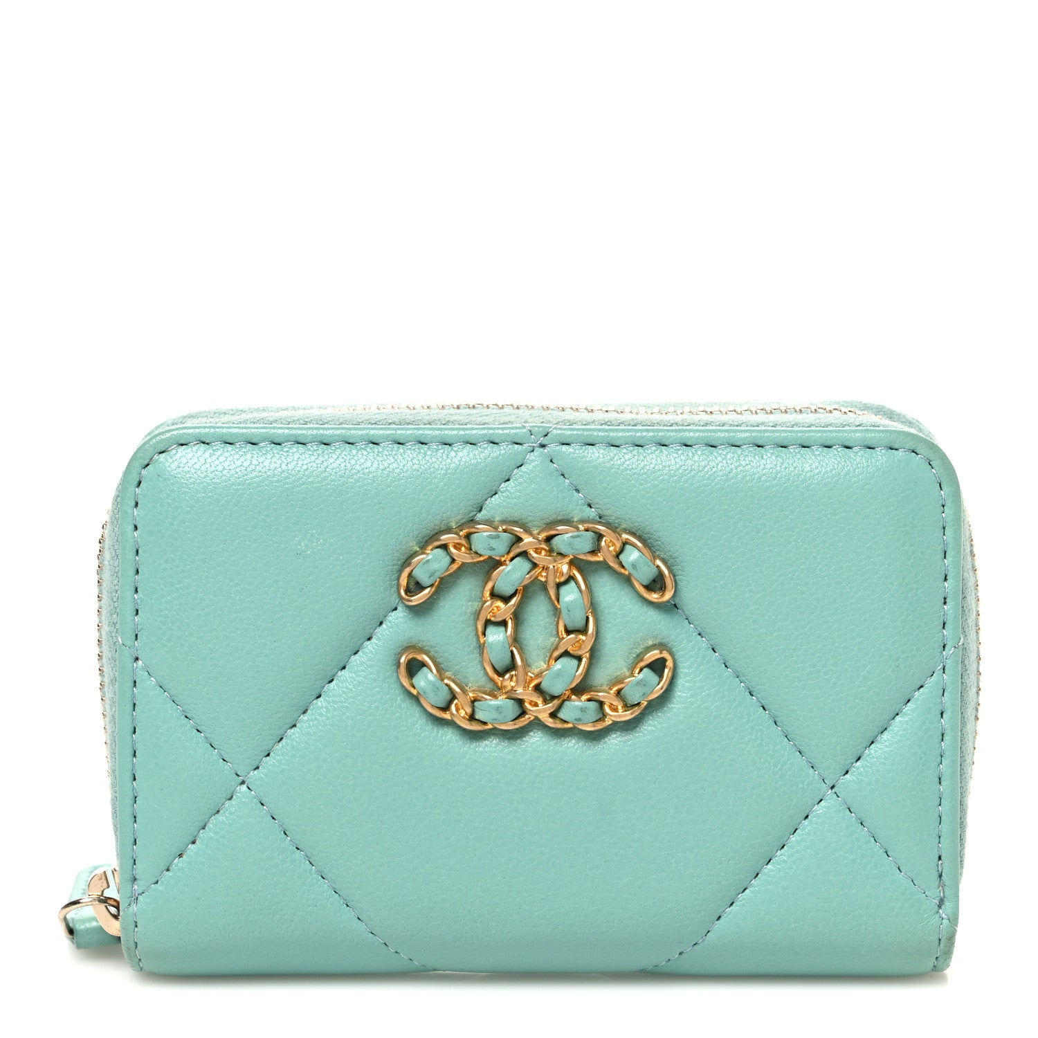 Chanel Lambskin Quilted Chanel 19 Zip Around Coin Purse Wallet Light Green 1 of 8