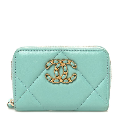 Chanel Lambskin Quilted Chanel 19 Zip Around Coin Purse Wallet Light Green 1 of 8