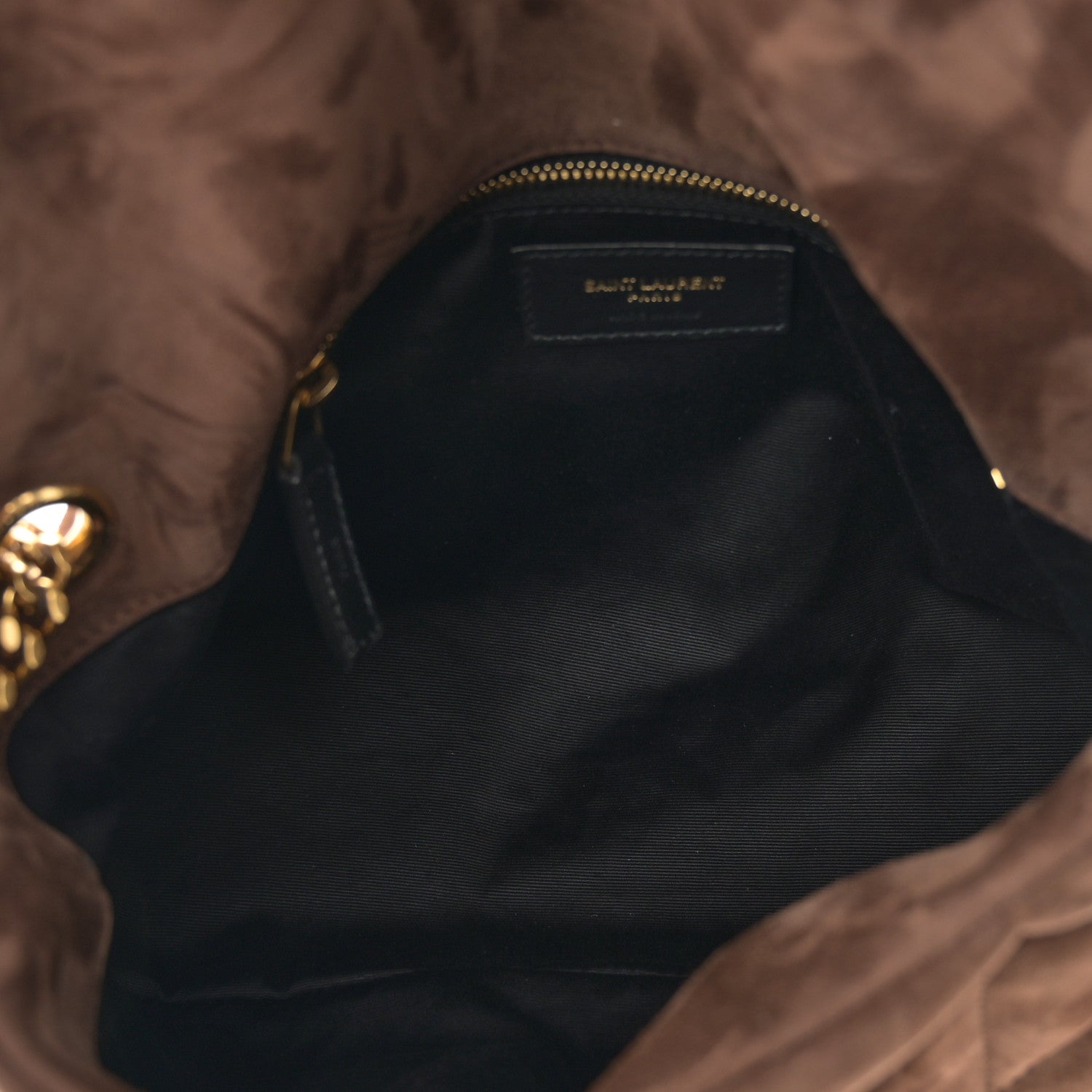 Saint Laurent Suede Calfskin Quilted Small Loulou Puffer Monogram Chain Satchel Bark Brown 5 of 10