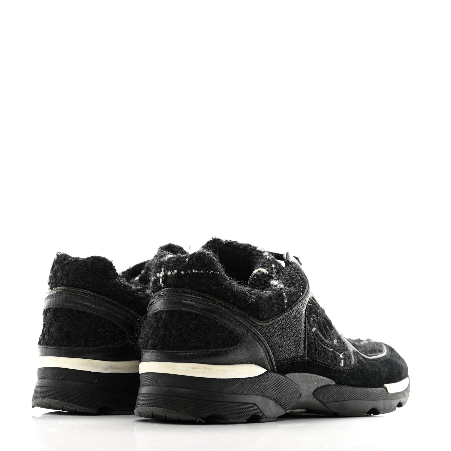 Chanel Tweed Suede Goatskin CC Sneakers 38 Black White 5 of 11