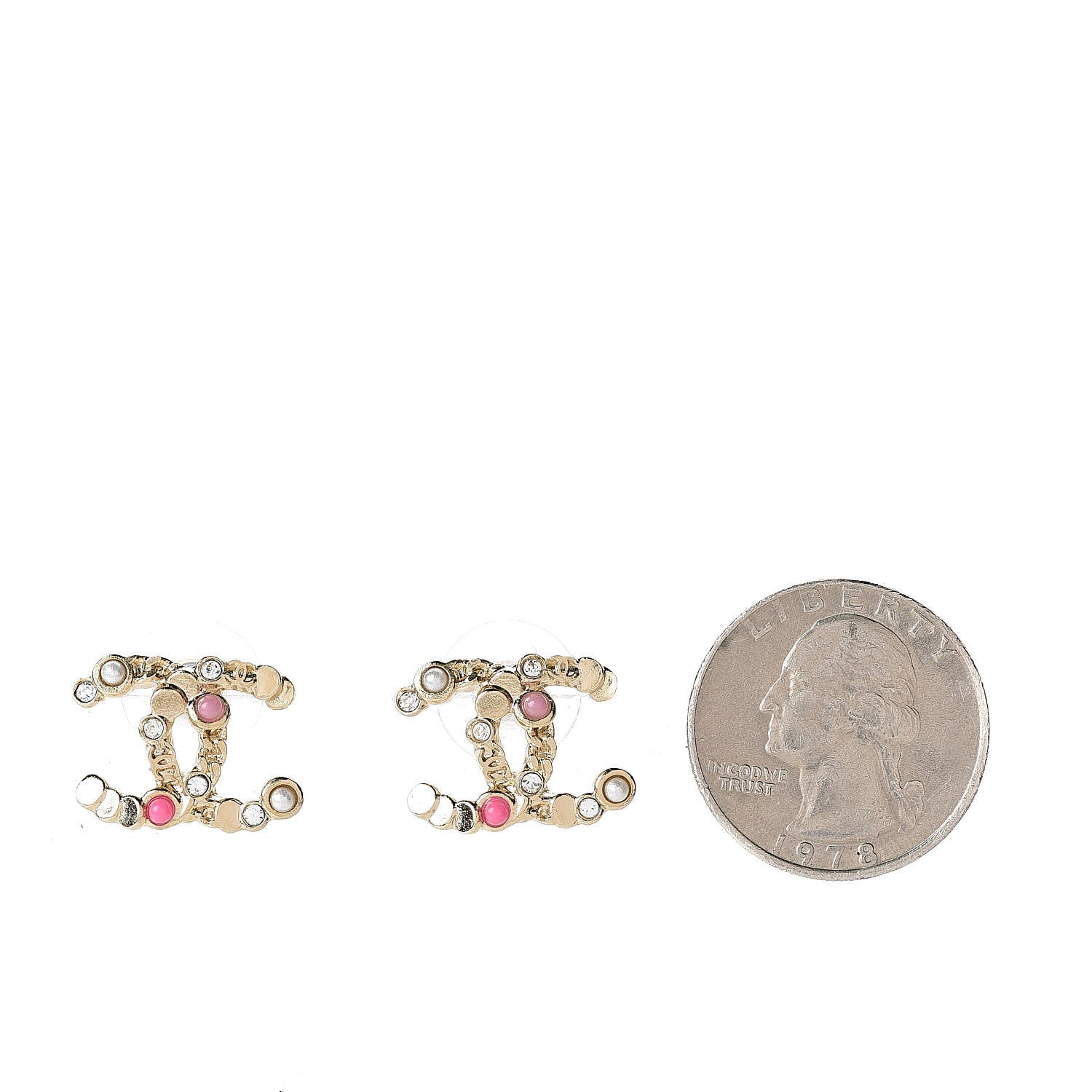 Chanel Crystal CC Earrings Gold Pink Multicolor Pearly White 2 of 5