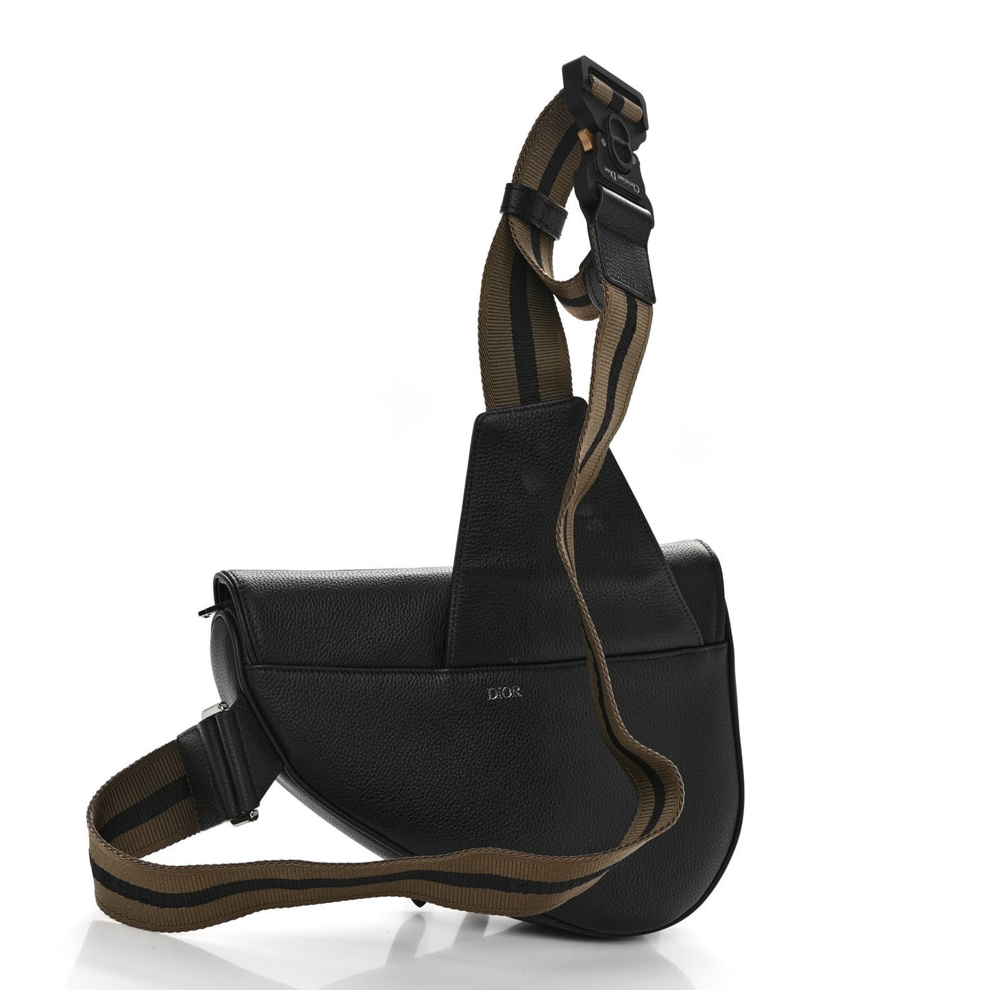 Grained Calfskin Logo Embroidered Saddle Messenger Bag Black