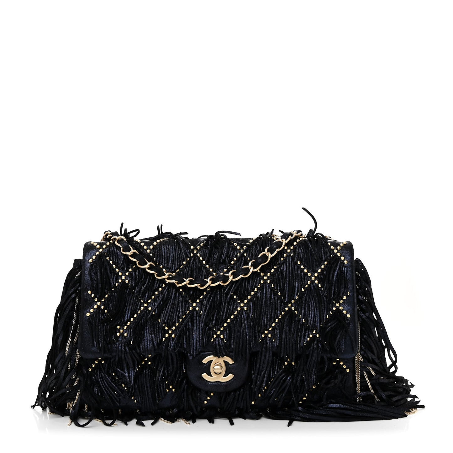 Iridescent Calfskin Quilted Studded Paris Dallas Fringe Chain Flap Blue