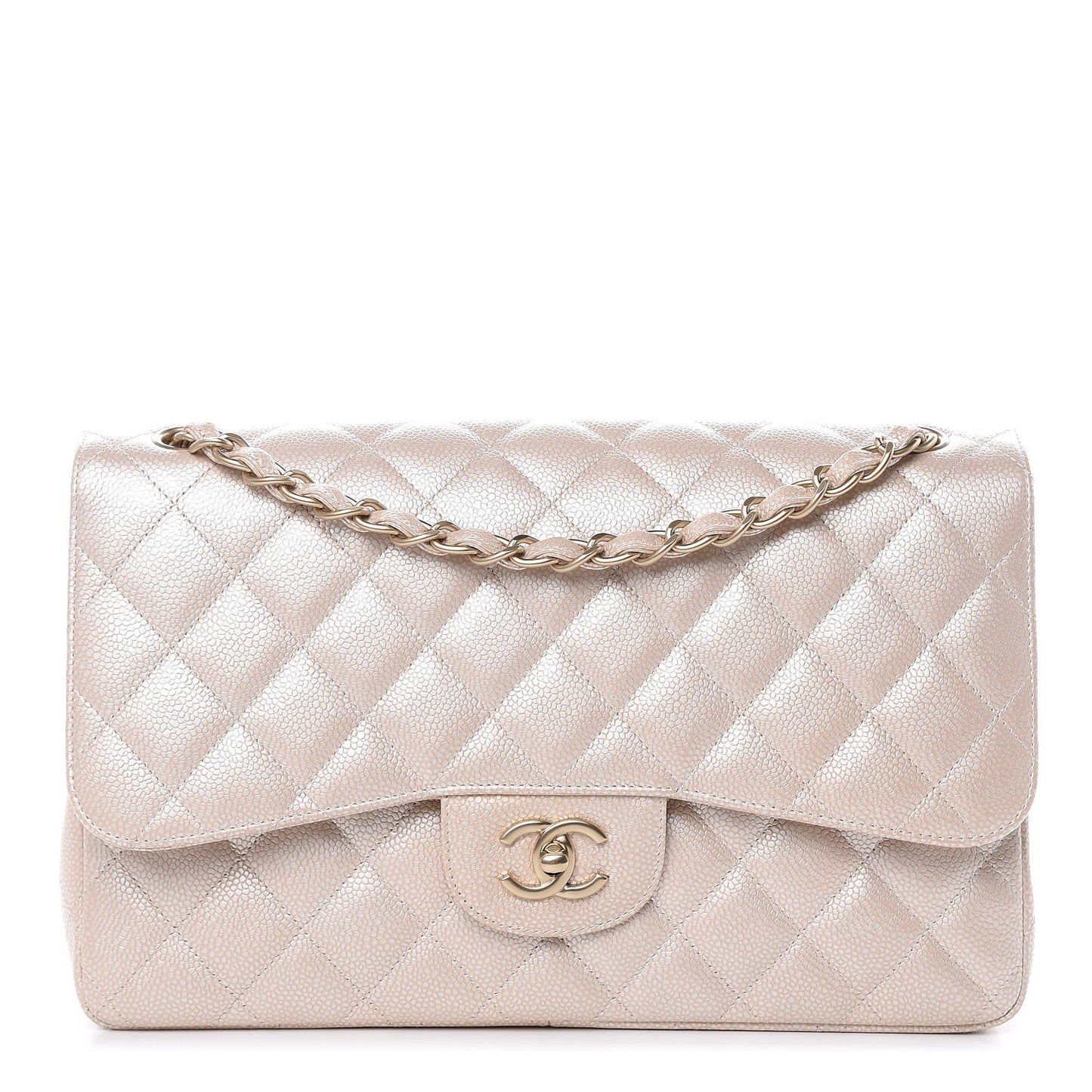 Pearly Caviar Quilted Jumbo Double Flap Light Beige