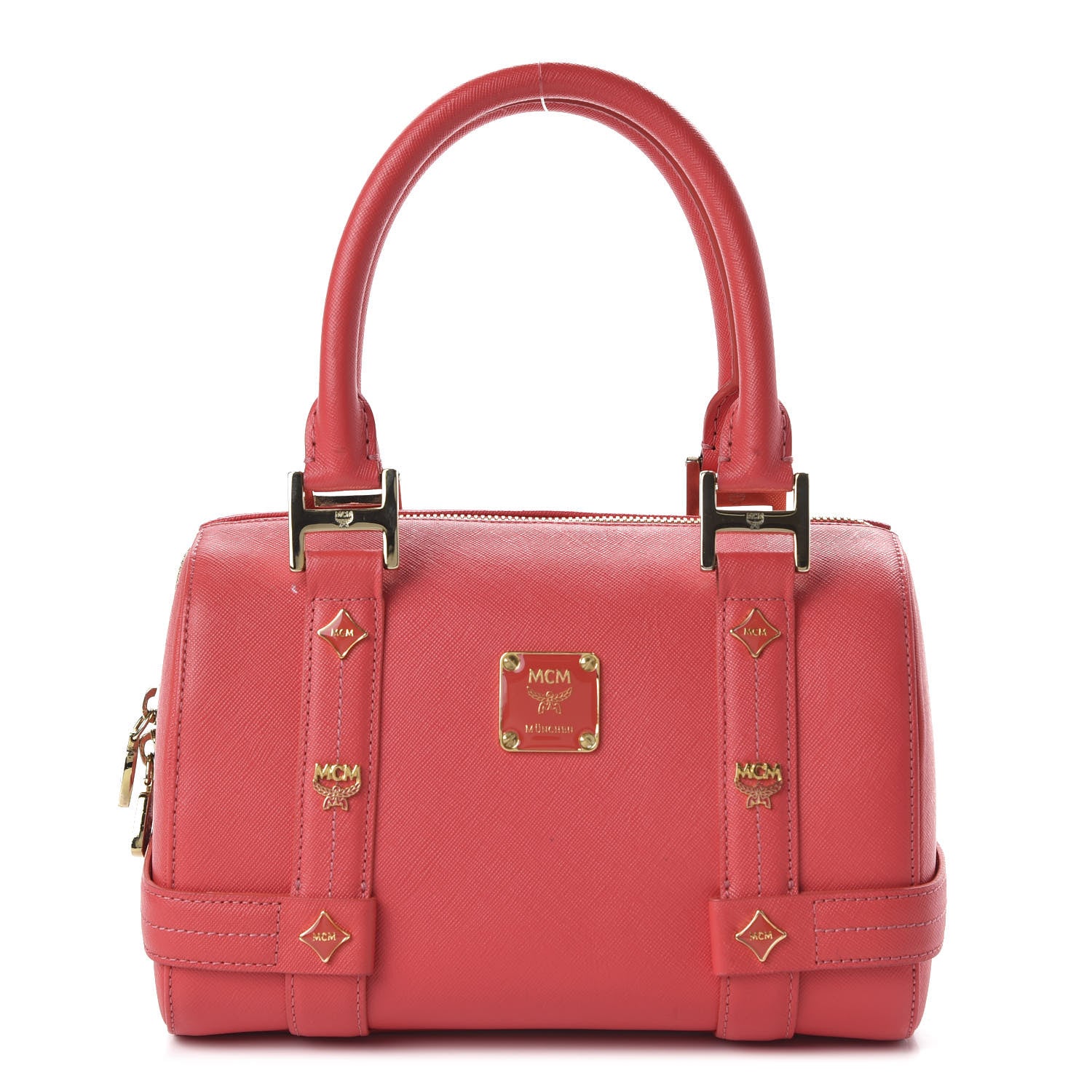 MCM Saffiano Studded Small Boston Bag Hot Coral 1 of 9