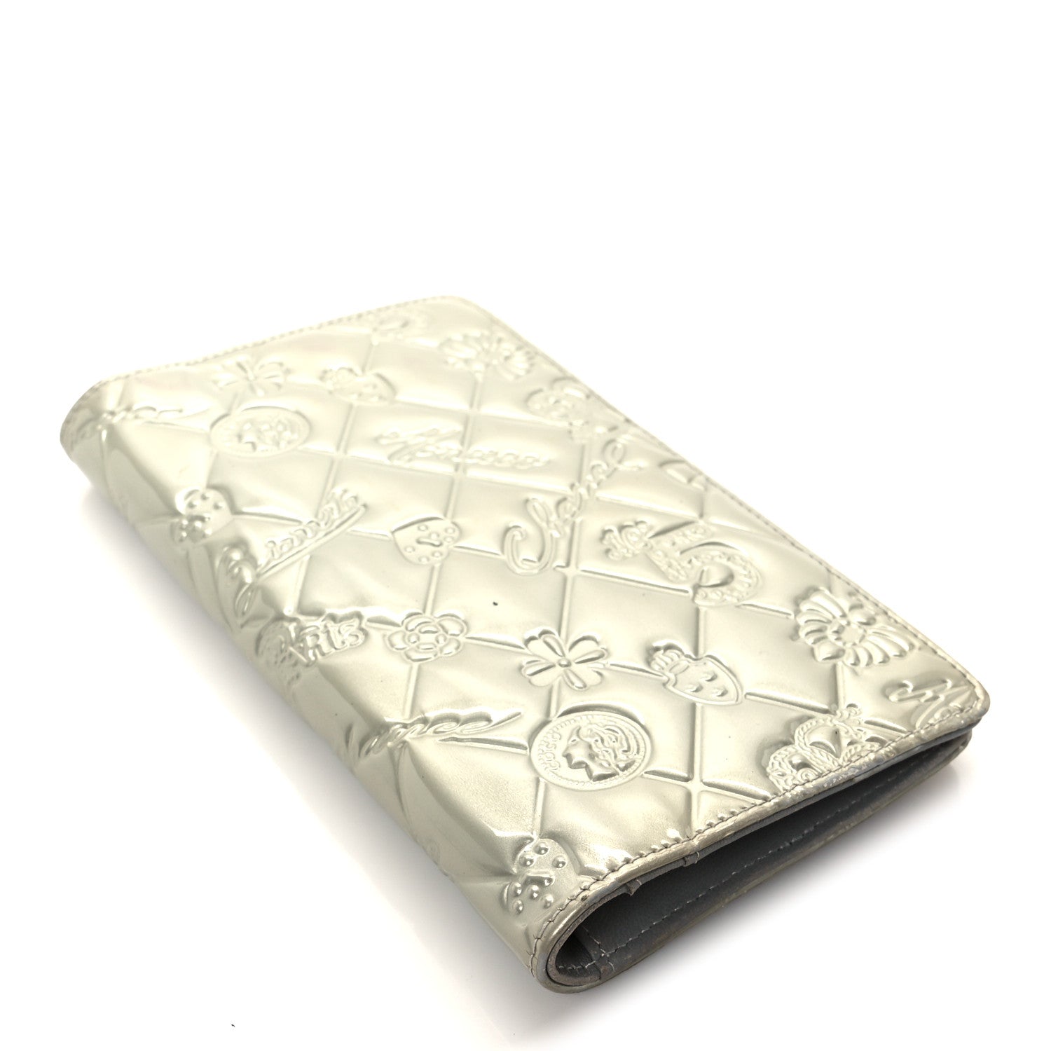 Chanel Metallic Patent Calfskin Quilted Lucky Symbols Yen Wallet Silver 4 of 12