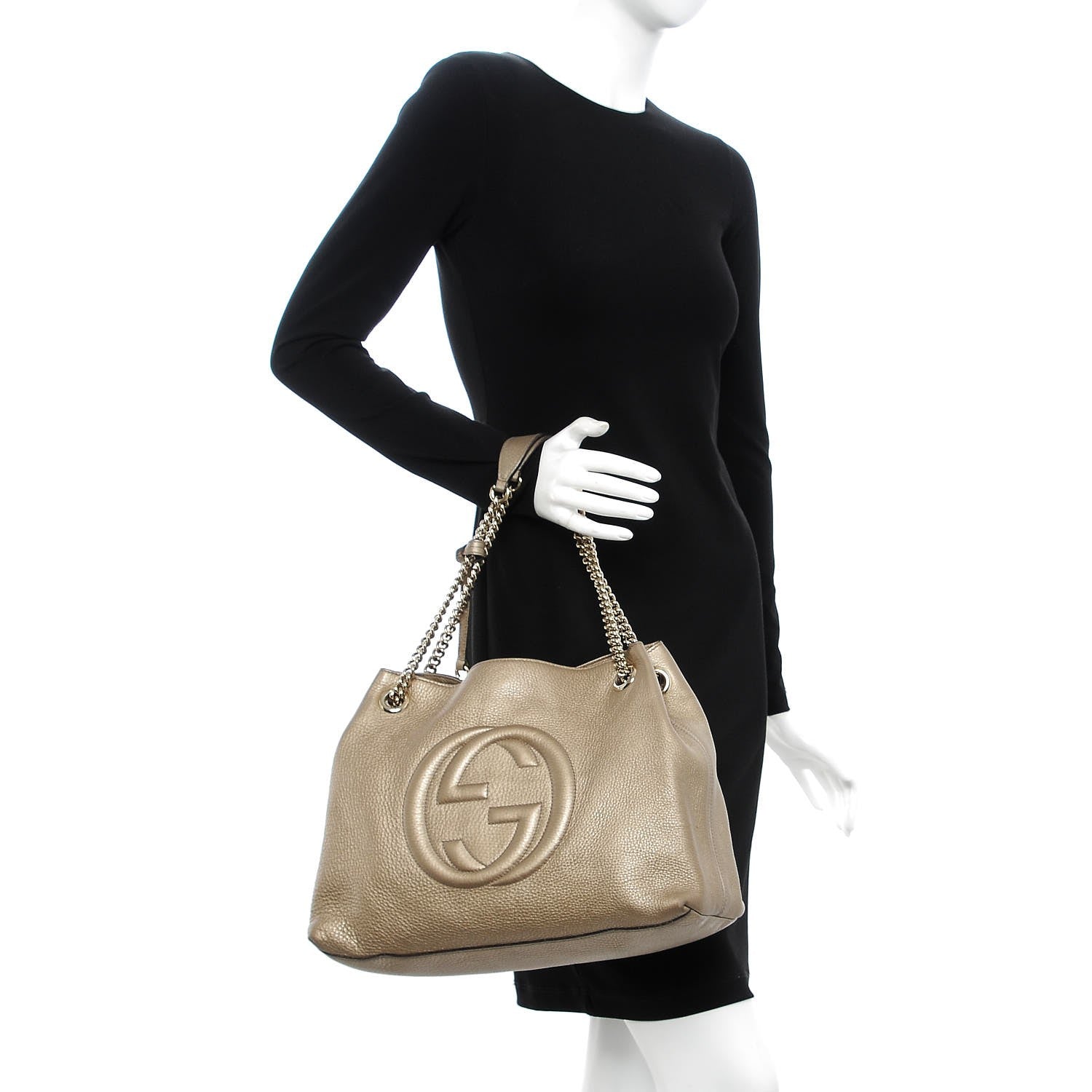 Gucci Metallic Pebbled Calfskin Medium Soho Chain Shoulder Bag Golden Beige 2 of 12