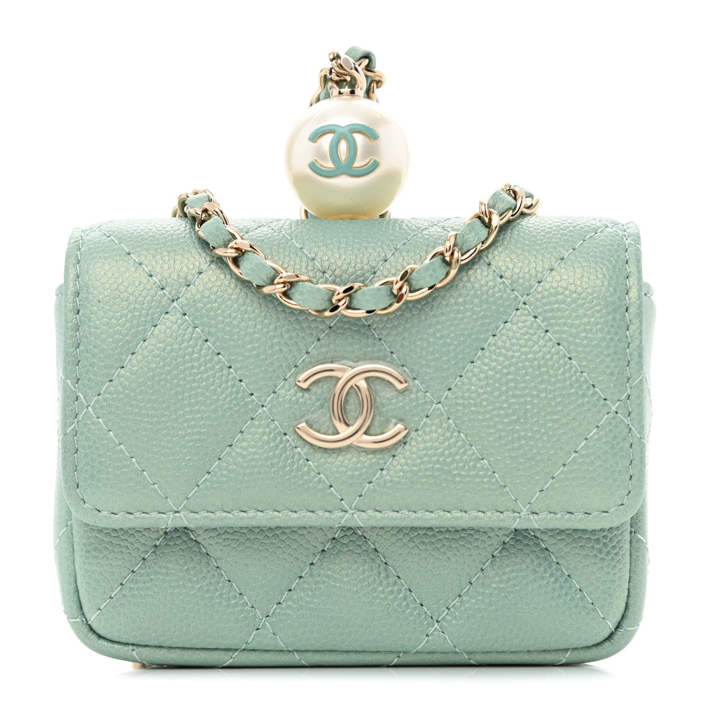 Iridescent Caviar Quilted Pearl Card Holder On Chain Green