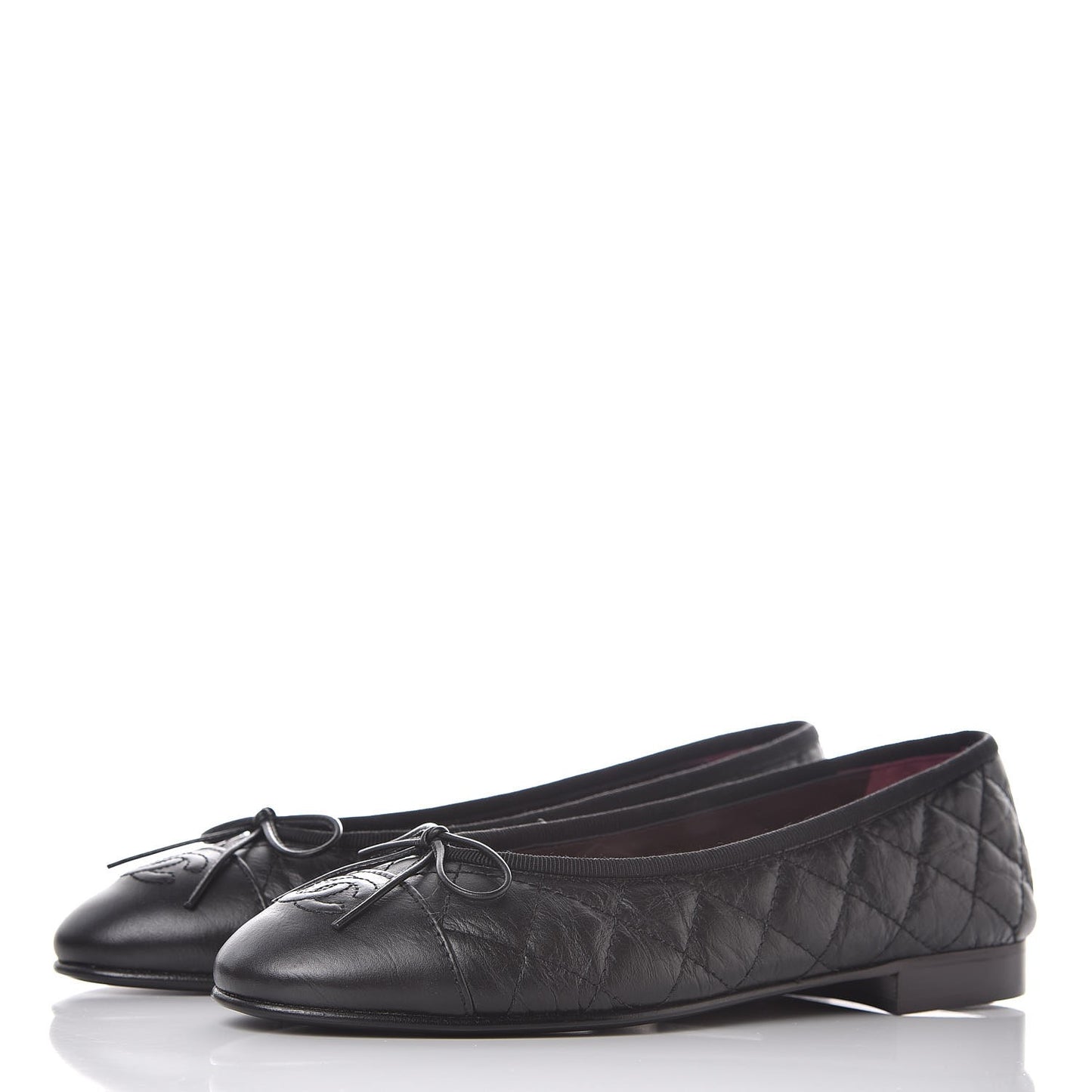 Aged Calfskin Quilted Cap Toe Ballerina Flats 36.5 Black