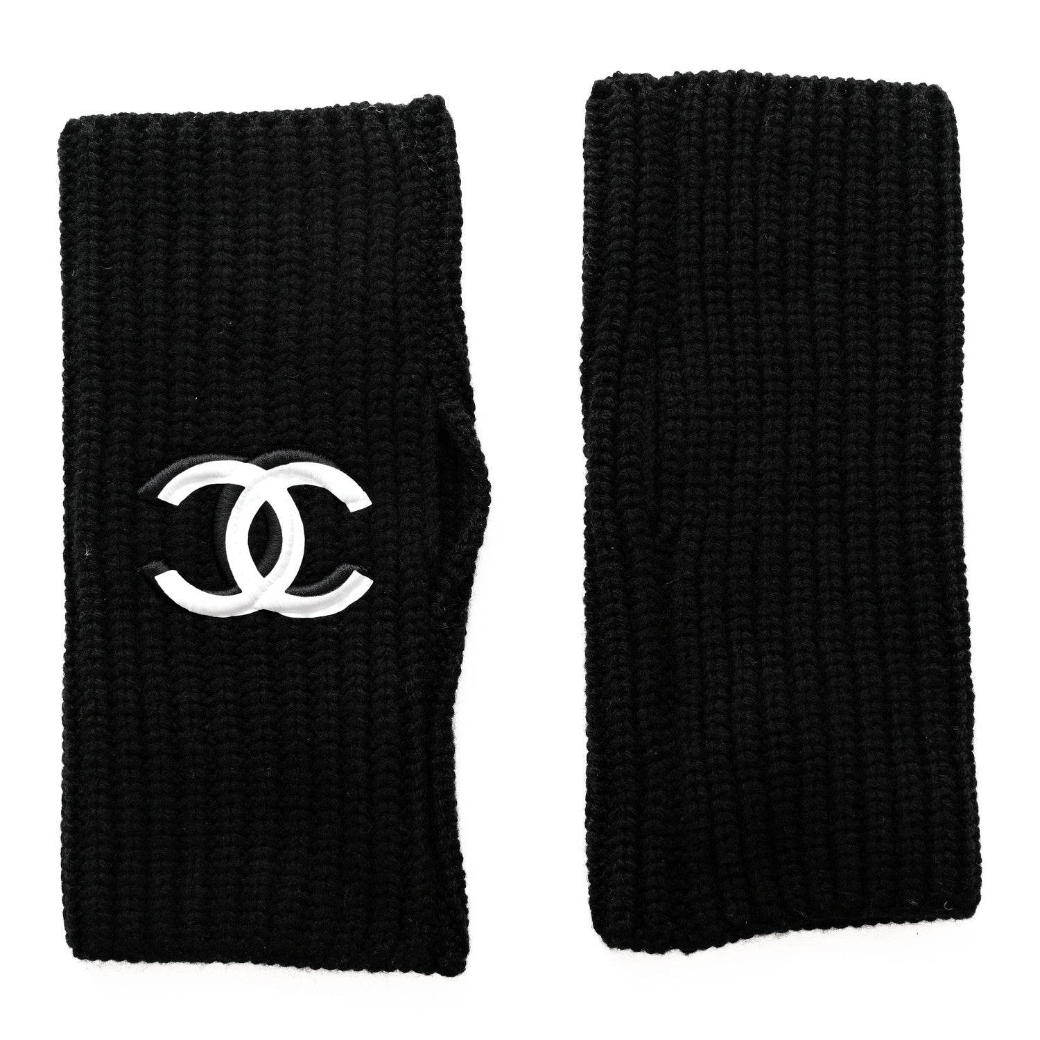 Chanel Wool Cashmere Knit Fingerless Gloves Black White 1 of 4