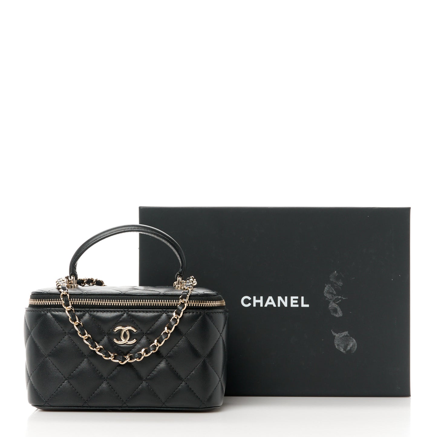 Lambskin Quilted Small Top Handle Vanity Case With Chain Black