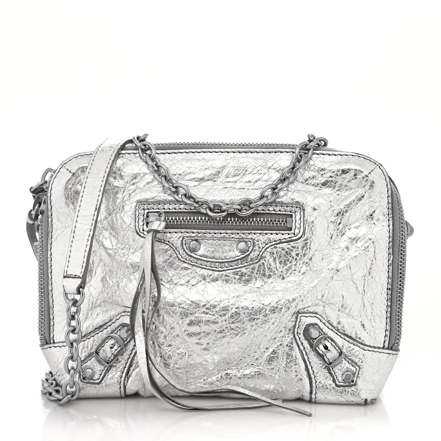 Metallic Calfskin Classic Silver Hardware Pouch With A Chain Crossbody Silver