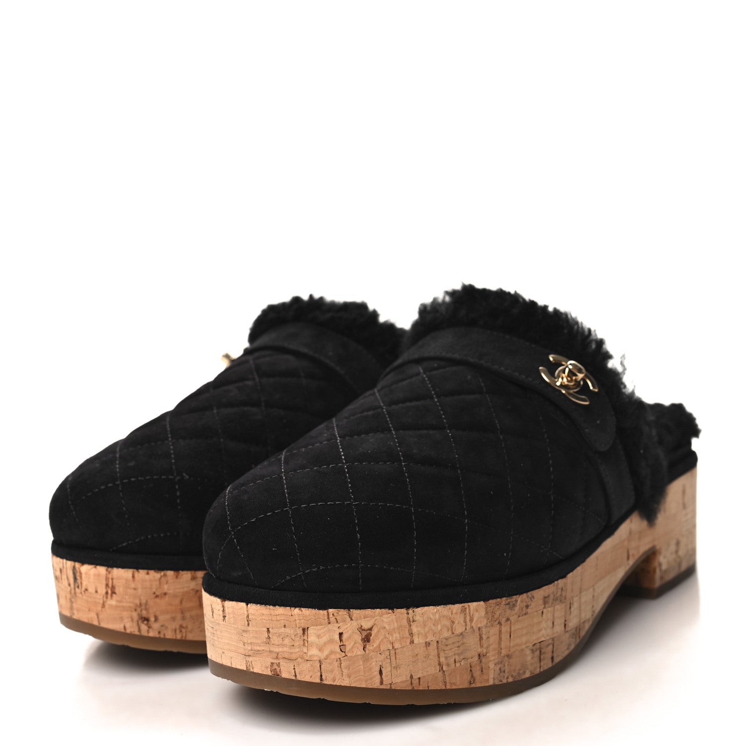 Chanel Suede Calfskin Shearling Turn Lock Clogs 39 Black 3 of 8