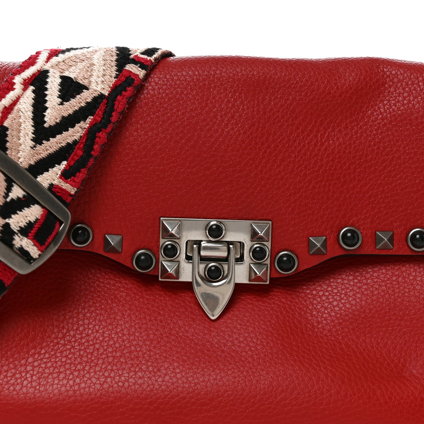 Grained Calfskin Onyx Medium Guitar Strap Rockstud Rolling Flap Saddle Bag Rosso Valentino