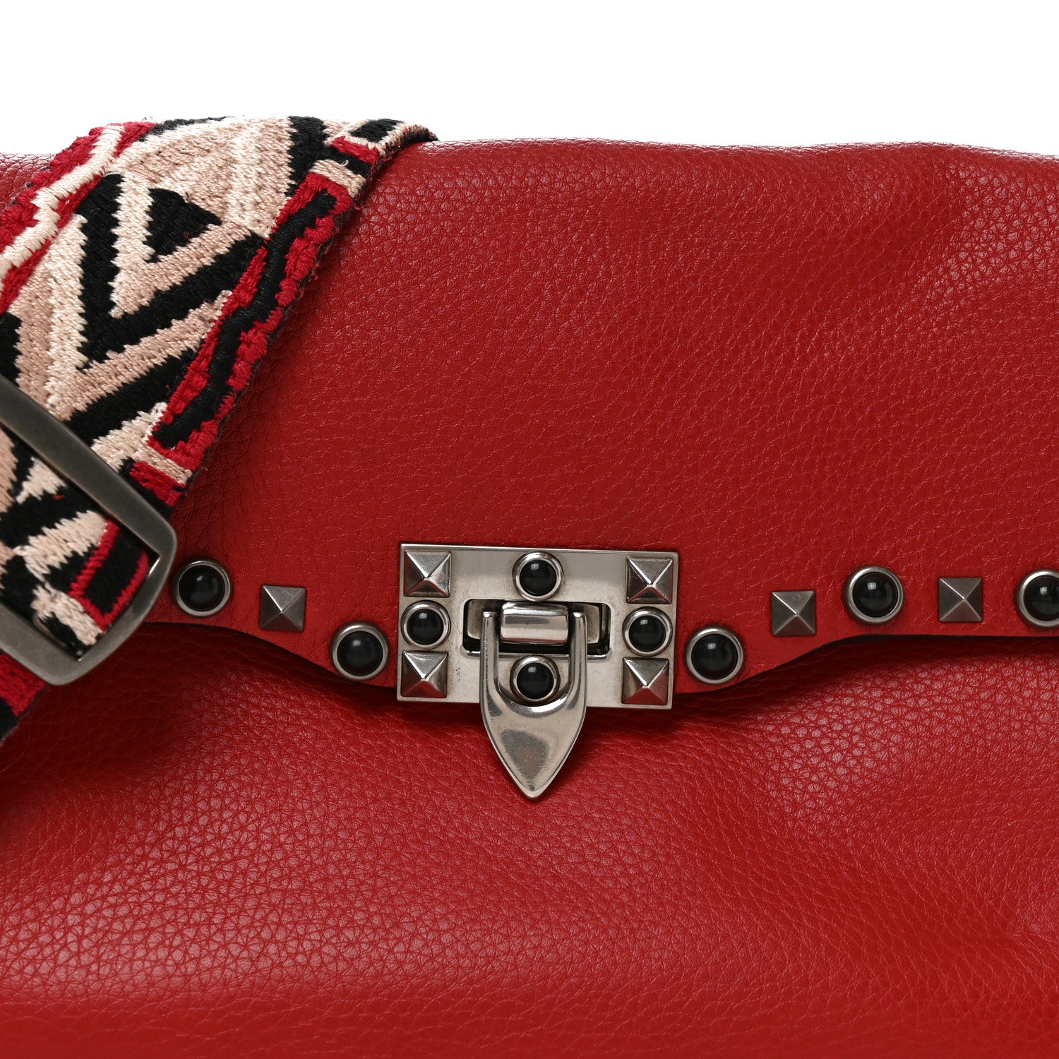 Valentino Garavani Grained Calfskin Onyx Medium Guitar Strap Rockstud Rolling Flap Saddle Bag Rosso Valentino 13 of 17