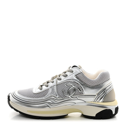 Chanel Fabric Laminated Calfskin Stretch CC Sneakers 39 White Silver 1 of 9